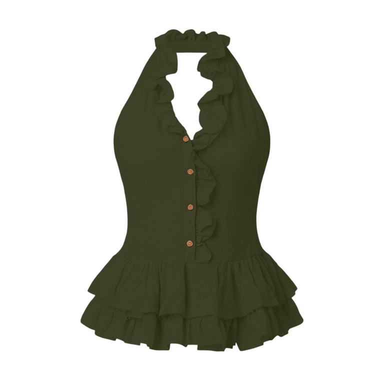 Women's Ruffle Summer Linen Tank Tops, Dressy Casual V Neck Peplum
