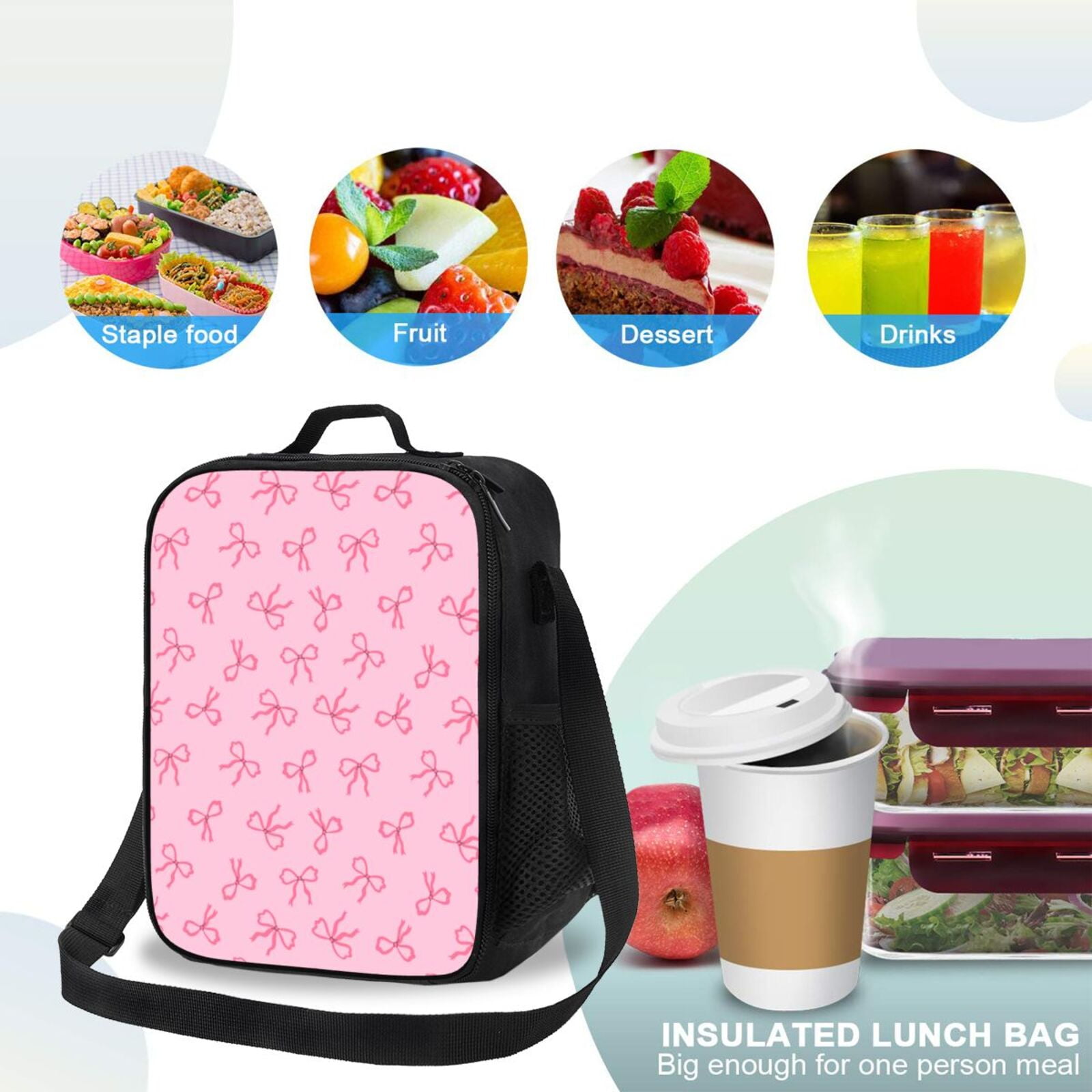 Ratiio Pink Bows Print Lunch Box - Reusable Lunch Bag Men Adult Women- Insulated LunchBox
