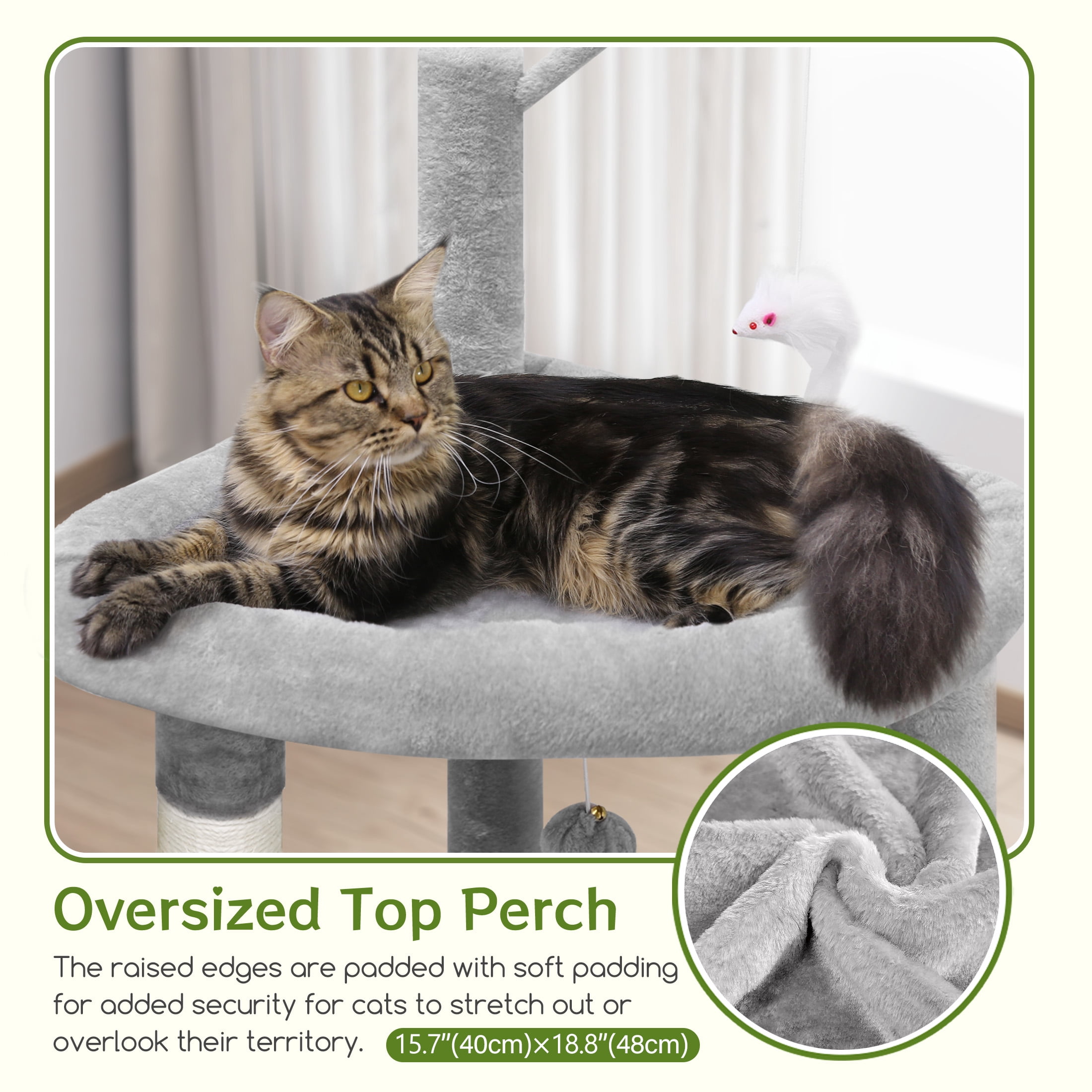 T65F 64" Tall Cat Tree Tower for Large Cats, Spacious Condo, Scratching Posts & Teaser Mouse