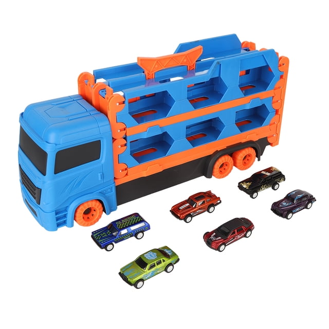 Camión transportador de juguete con 6 coches de aleación, coche de transporte de juguete con pista plegable y asa para niños y niñas