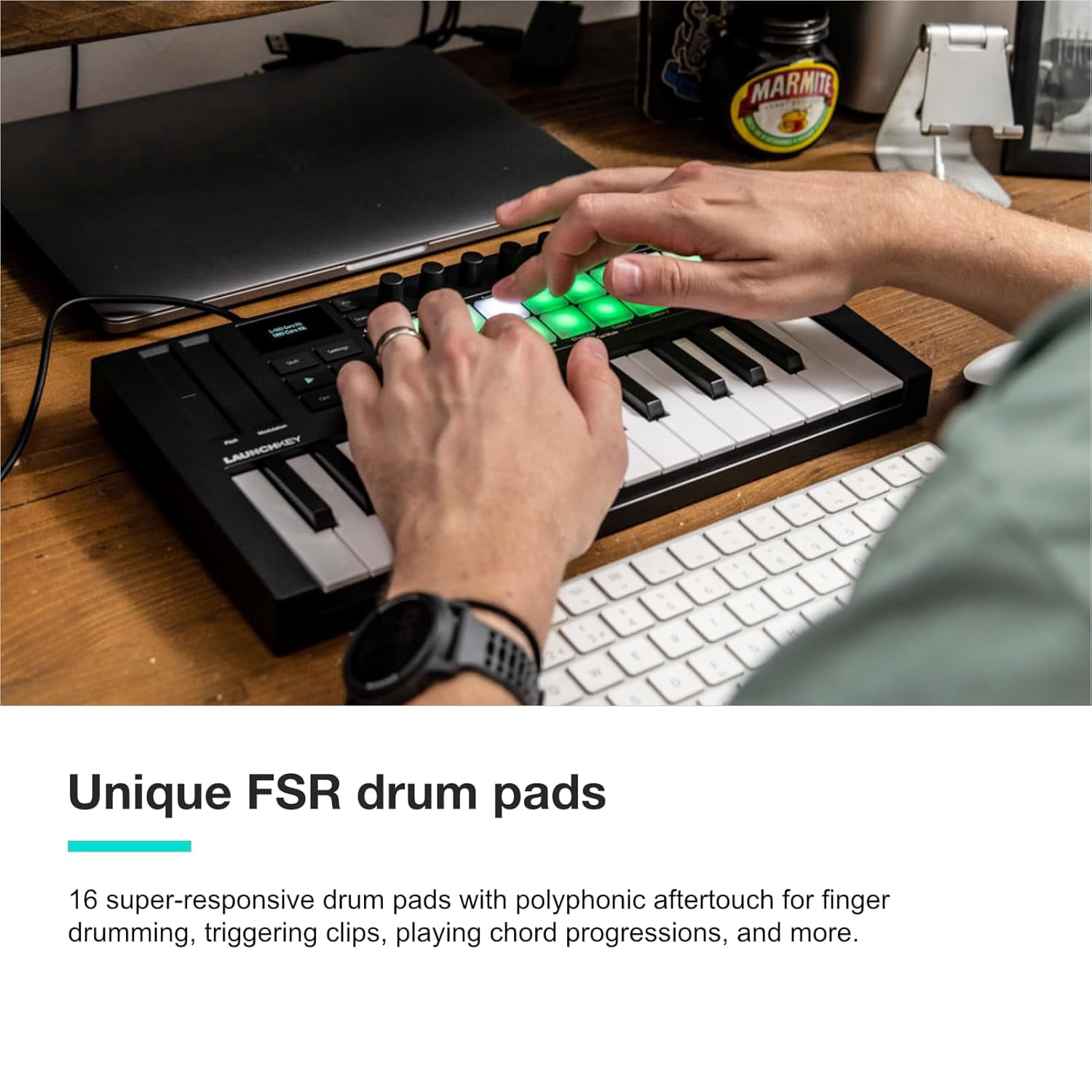 25-key MIDI sequencer keyboard controller with 16 RGB backlit drum pads and 8 knobs. Supports DAW and NKS integration, chord/scale modes. Includes software bundle.