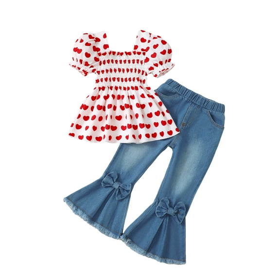 Kucnuzki 5T Little Girls Summer Outfits 6T Child Kids Clothes Sets Puff Short Sleeves Hearts Print Top Bow Flared Denim Pants Sets Jeans 2pcs Clothing Red