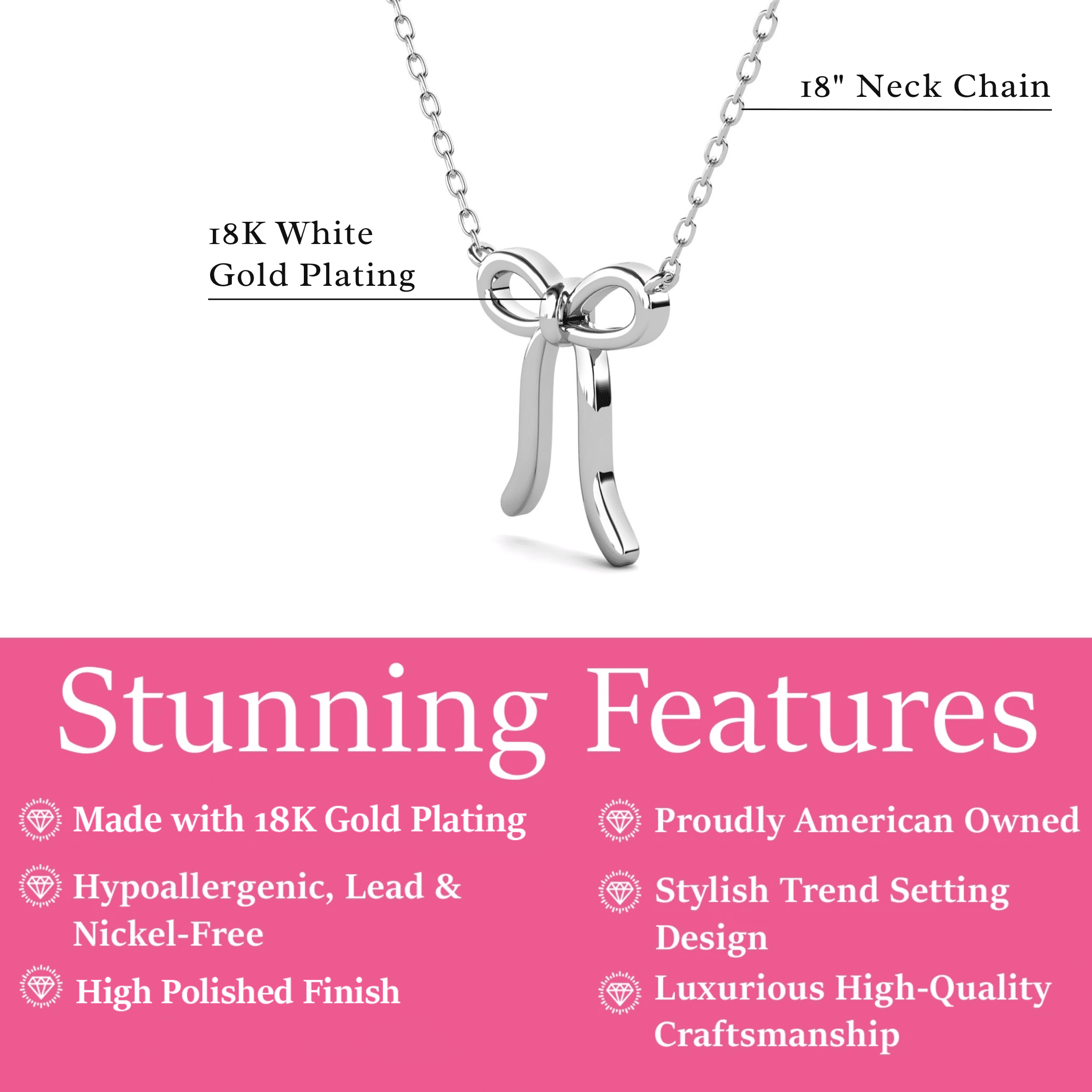 Cate & Chloe Lola 18k White Gold Plated Ribbon Bow Drop Necklace, Gift for Women