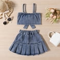 thumbnail image 4 of LNMQLPDBS Toddler Girl Short Sets Spaghetti Straps Bowknot Denim Crop Top + Layered Ruffle Trim Denim Skirts 2pcs Outfits Summer Stylish Vest Set Baby Clothes for Girls for Vacation Party and Photo, 4 of 6
