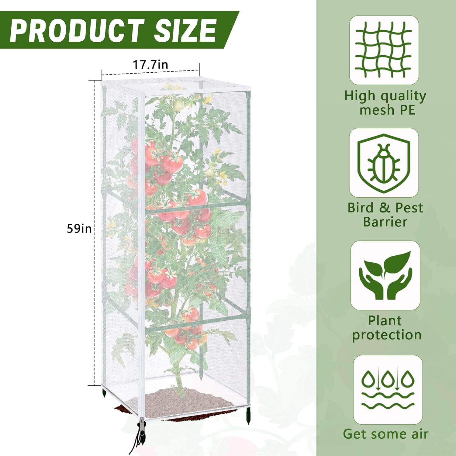 3 Pcs Garden Bird Netting Plant Cover for Square Tomato Cage, 59" x 17.7" Insect Barrier Cage Net with Zipper & Drawstring, Trellis Protection Protecting Plants