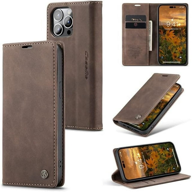 CaseMe for iPhone 15 Wallet Case Soft PU Leather Flip Case Magnetic Stand Flip Protective Cover Leather Case with ID & Credit Card Slots Holder Case-Coffee