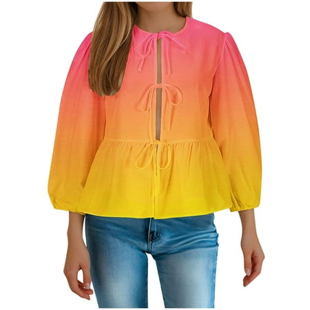 BUIgtTklOP no boundaries Womens Tie Bow Front Peplum Tops Babydoll Long Sleeve Summer Stripe Ruffle Blouse Lace Up Plus Size Shirts