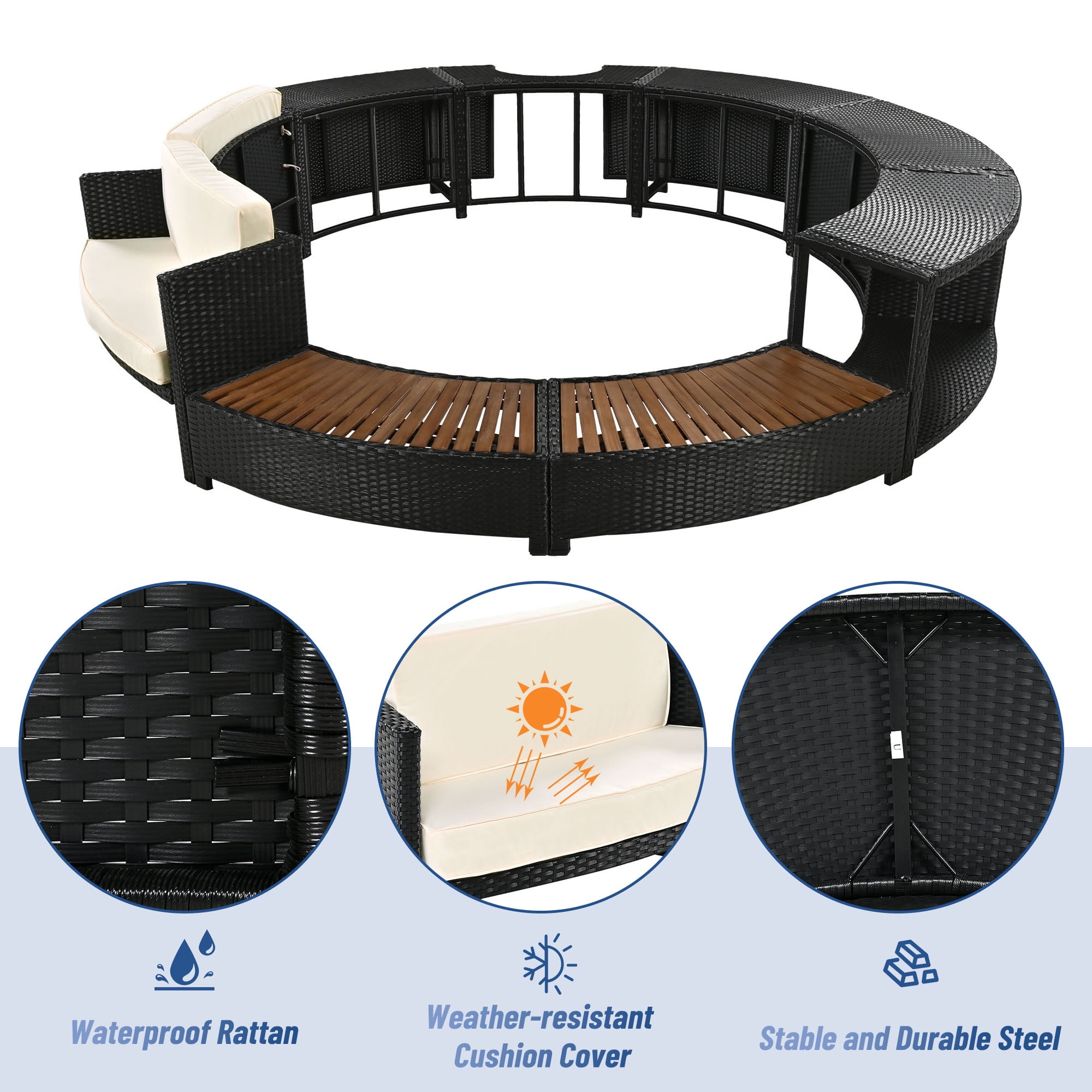 Outdoor Rattan Furniture Set Hot Tub Parts, Surround Outdoor Spa Sectional Sofa Frame, Loveseat with Beige Cushions, Wooden Bench, Storage Cabinet, Large Top Space, 112.2’’Dia