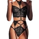 thumbnail image 4 of Conjunto de lencería con liga de encaje floral, escote en V profundo, conjunto de sujetador y braguita de 3 piezas, liga para mujer, color negro, talla M, 4 of 12