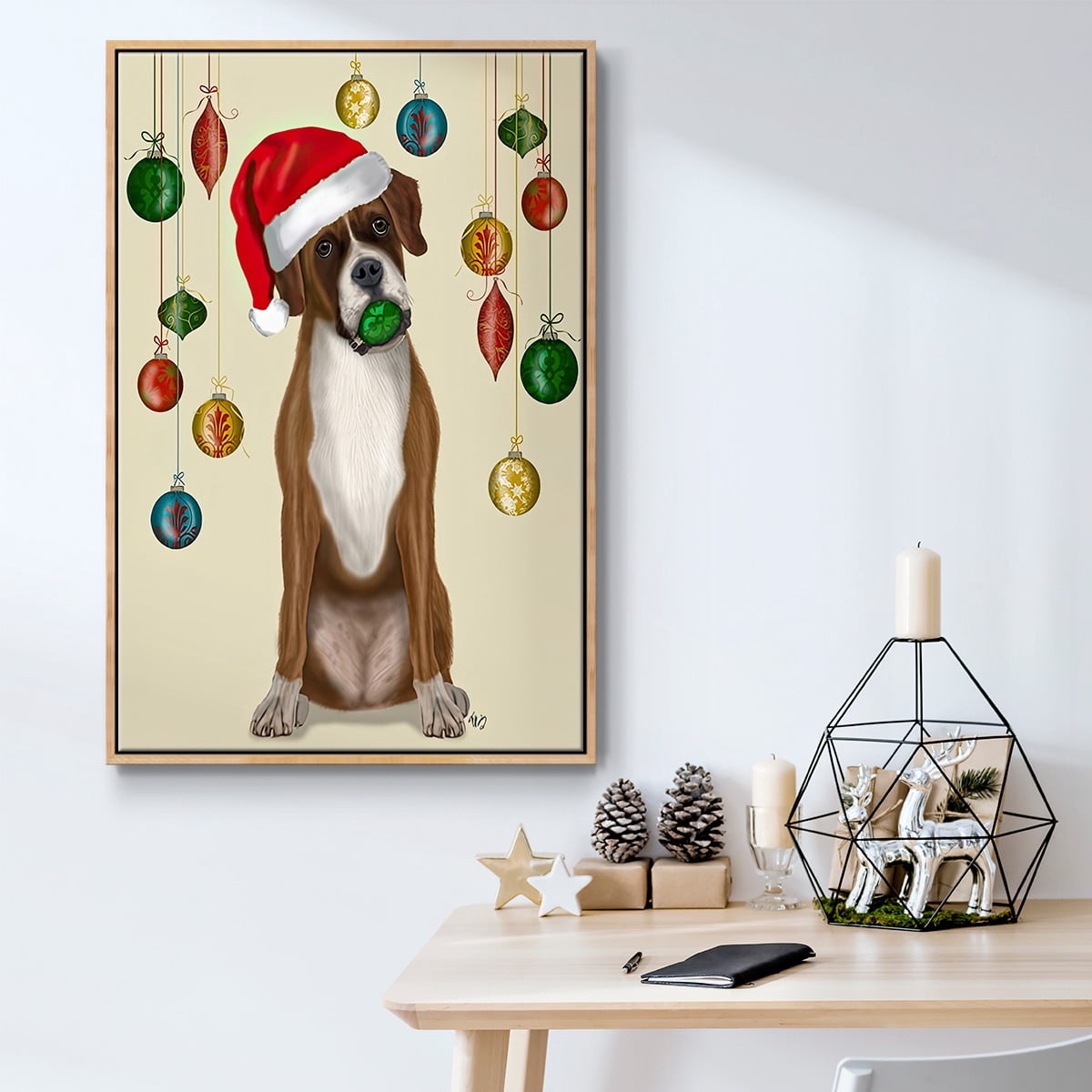 Christmas Boxer and Bauble Ball - Framed Gallery Wrapped Holiday Canvas - 17 x 25 - Natural Wood Frame