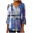 thumbnail image 2 of Drovellove 2026 Women Scalloped V Neck 3/4 Sleeve Geometric Patchwork Print Bell Sleeve Tunic Tops, Button Down Front Slim Waist Casual Daily Vacation Blouses, 2 of 5