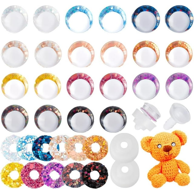 44 ojos de seguridad 3D con purpurina de 14 mm para amigurumi de ganchillo con arandelas, 11 colores, ojos de resina blanca para manualidades de animales de ganchillo y decoraciones.