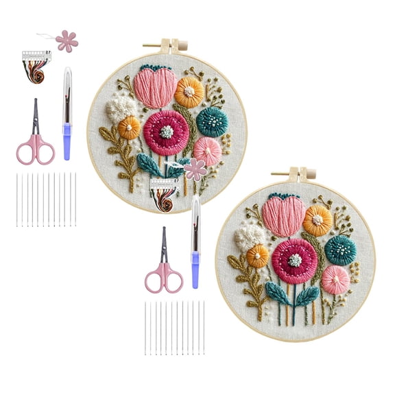 2Pack Embroidery Kit For Beginners Cross Stitch Kits Needlepoint Set Colorful Flowers Patterns Embroidery Thread Kit For Craft Lover Hand Stitch With Threads Hoop Fabric-Floral
