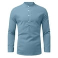 thumbnail image 2 of jsaierl Men's Long Sleeve Henley Shirt Cotton Linen Casual Roll Up Sleeve Hippie Beach T Shirts Solid Stand Collar Button Up Tee Top, 2 of 4