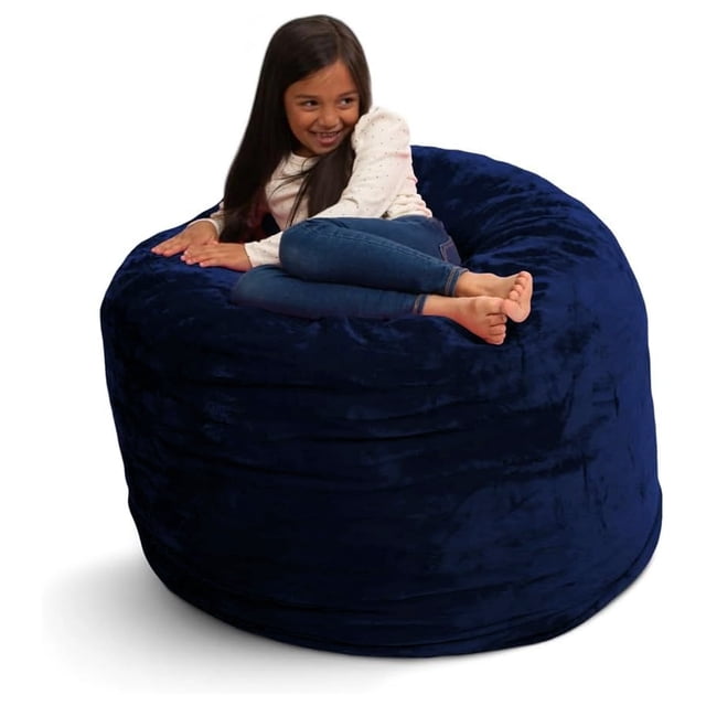 Ultimate Sack 3000 3-Foot Bean Bag Chair, Oversized Foam Lounger, Navy Fur Cover
