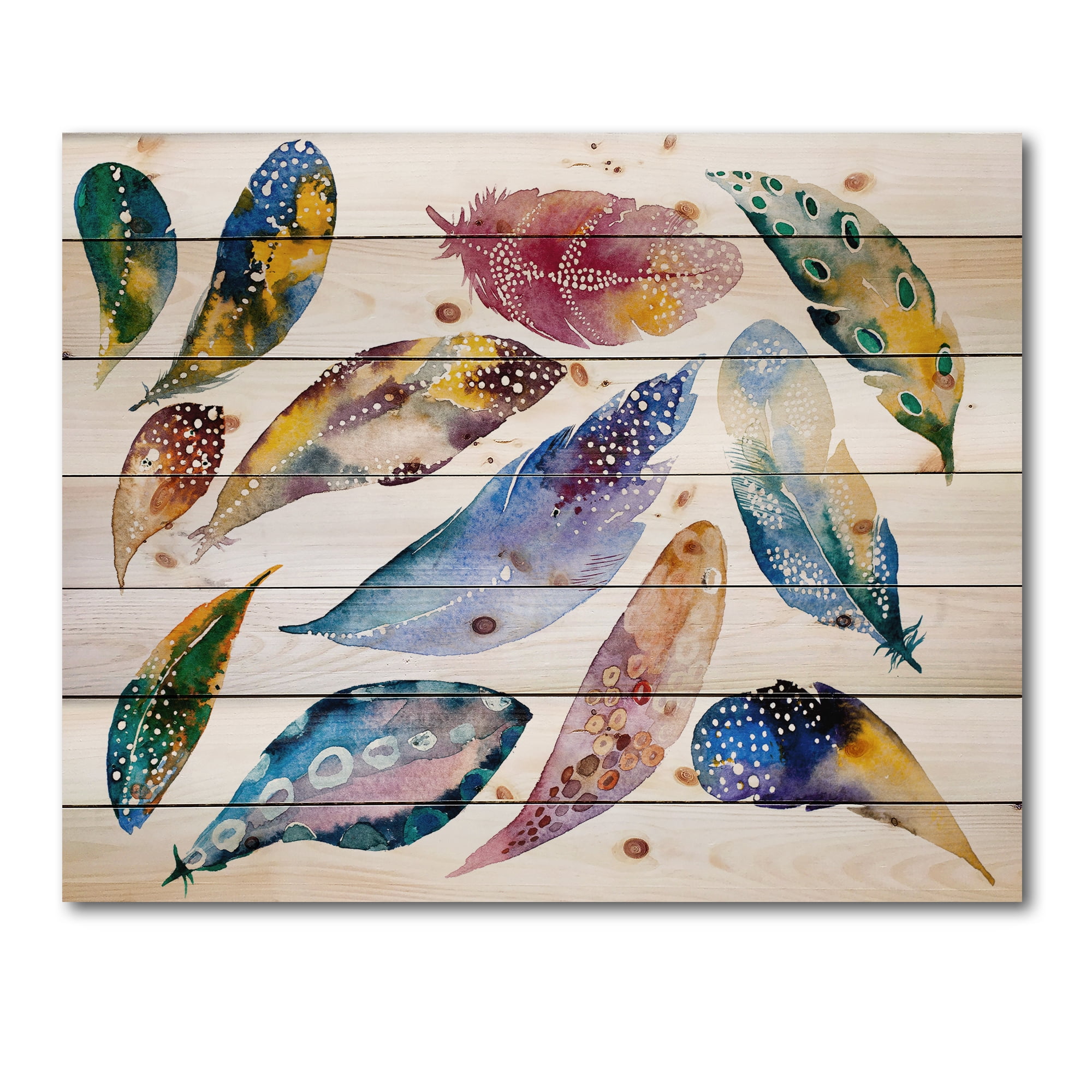 Designart 'Colourful Boho Feather Set On White VI' Bohemian & Eclectic Print on Natural Pine Wood