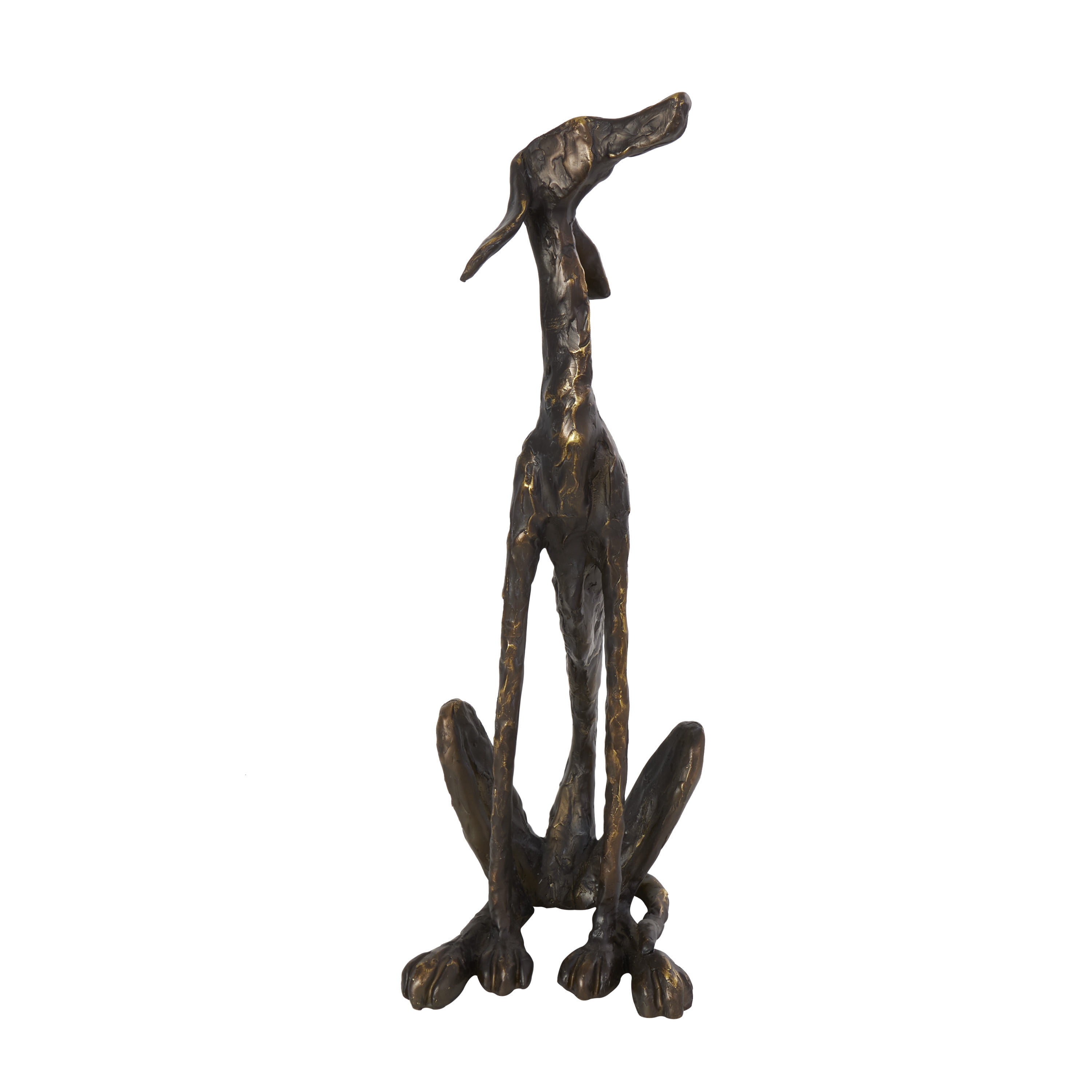 7" x 21" Bronze Polystone Distressed Slim Frame Dog Sculpture with Gold Accents, by DecMode