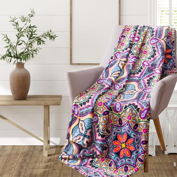 Serafina HomeDecorative Luxury Floral Fleece Throw Blanket: Mandala Bohemian Boho Botanical Paisley Damask Velvety Soft, Bright Purple Pink Yellow White Durable Plush Accent for Bed or Couch