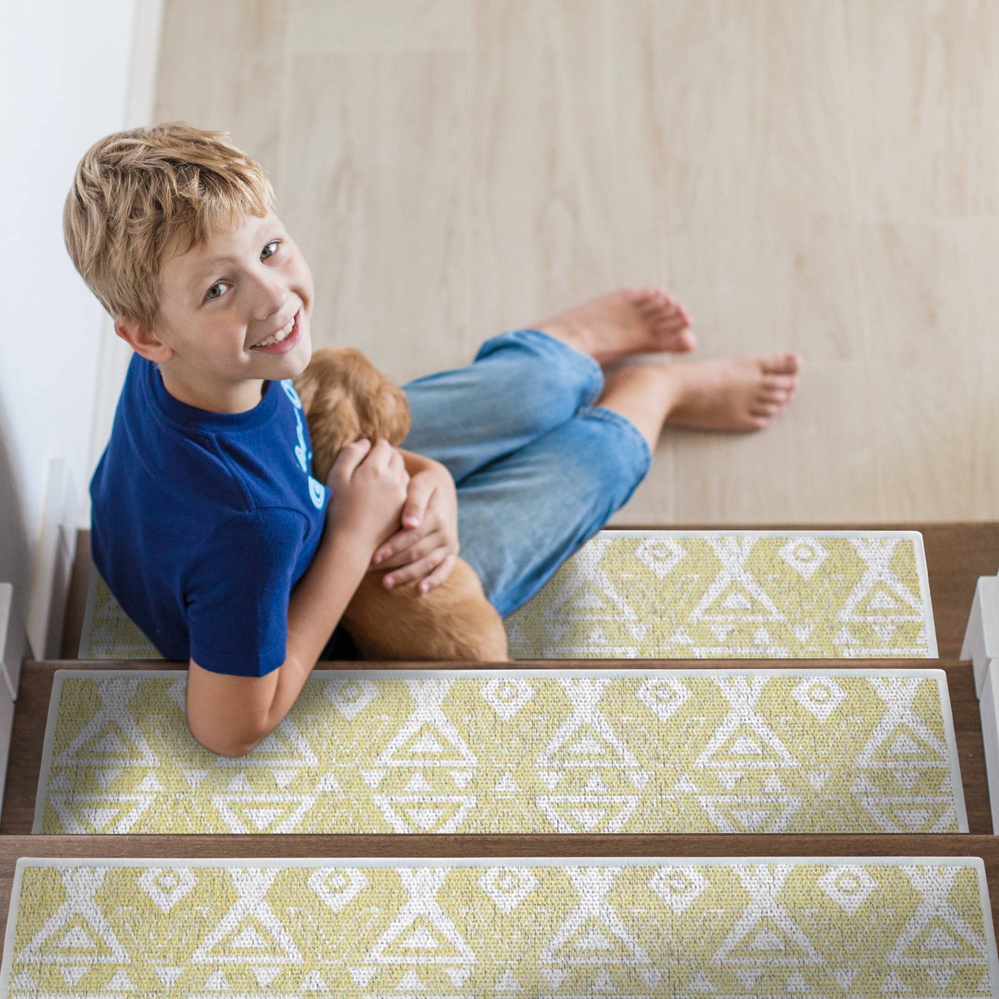 Hairband Design 9" X 28" Stair Treads - 70 % Cotton Anti-Slip Carpet Strips for Indoor Stairs-Easy to Install Stair Treads with Double Adhesive Tape-Safe, Extra-Grip, 13-Pack-Banana Cream Yellow