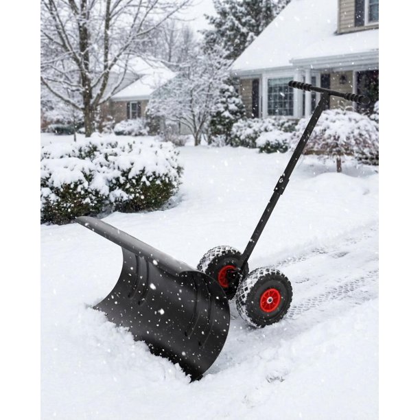 Yeshouse Pala quitanieves resistente con ruedas, cuchilla de acero ajustable, empujador manual ideal para limpiar nieve en entradas de vehículos y aceras sin dañar la espalda