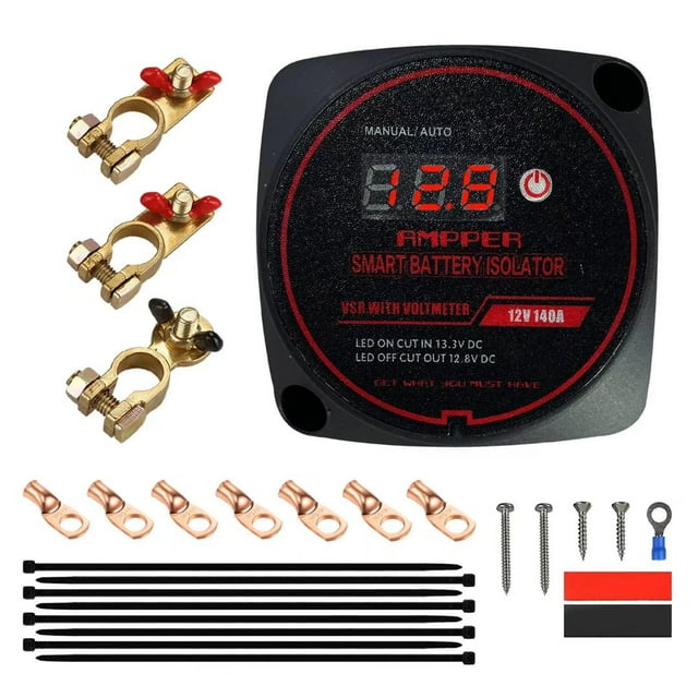 12V 140Amp Dual Battery Isolator, Ampper Battery Voltage Sensitive Relay (VSR) Smart Battery Isolator with Voltmeter and Manual Control Button for Car and More (with Battery Terminals, NO Cable)