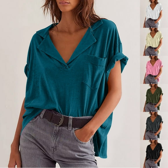 QATAINLAV Oversized Tshirts for Women Loose Fit V Neck Polos Shirt Solid Casual Short Sleeve Lapel Collar Summer Cute Tops Ofertas Del Dia de Hoy Relampago Beige L