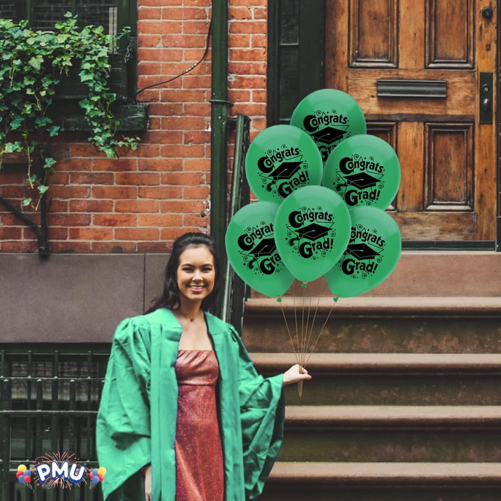 PMU 50 Pcs Graduation Balloons PartyTex 11 inch Premium Jade Green with All-Over Print White Grad Caps-Confetti and Streamers Graduation Party Decorations