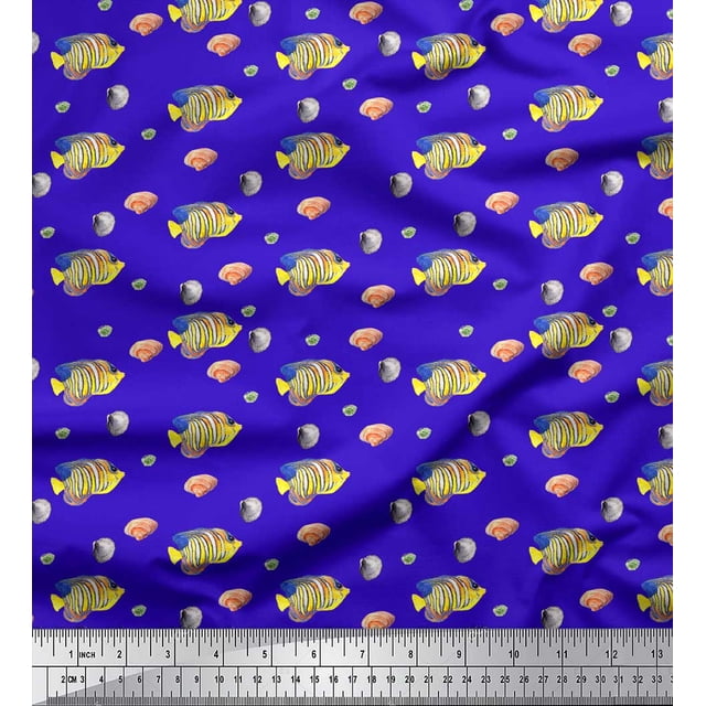 Soimoi Blue Cotton Duck Fabric Fish & Shells Ocean Print Fabric by Yard 56 Inch Wide