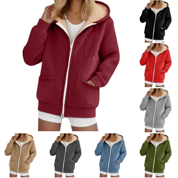 larppty Women's Winter Sherpa-Lined Warm Casual Solid Long Sleeve Zipper Hooded Jacket With Pockets（Grey，XXXL）