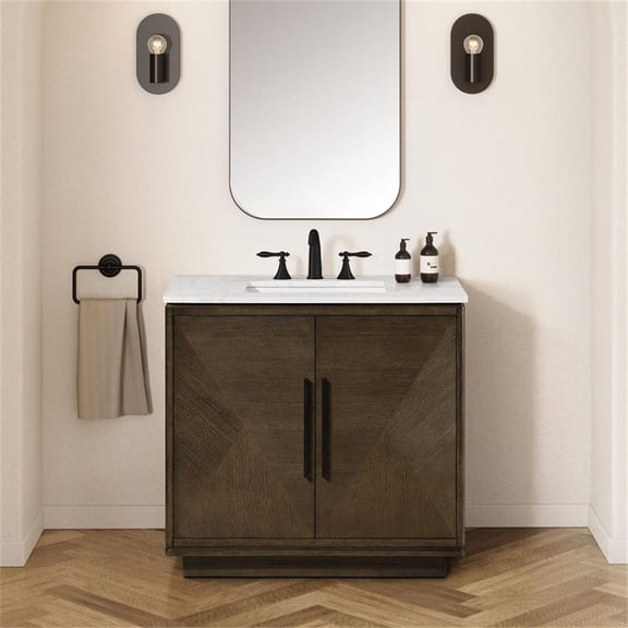 Pemberly Row 36" Bathroom Vanity in Aged Oak with Engineered Marble Countertop