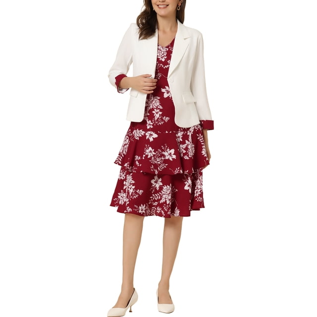 INSPIRE CHIC Robe et Veste pour Femme Ensembles 2 Pcs Robe Sans Manches en Mousseline à Fleurs et Veste à Panneaux Contrastants m Rouge