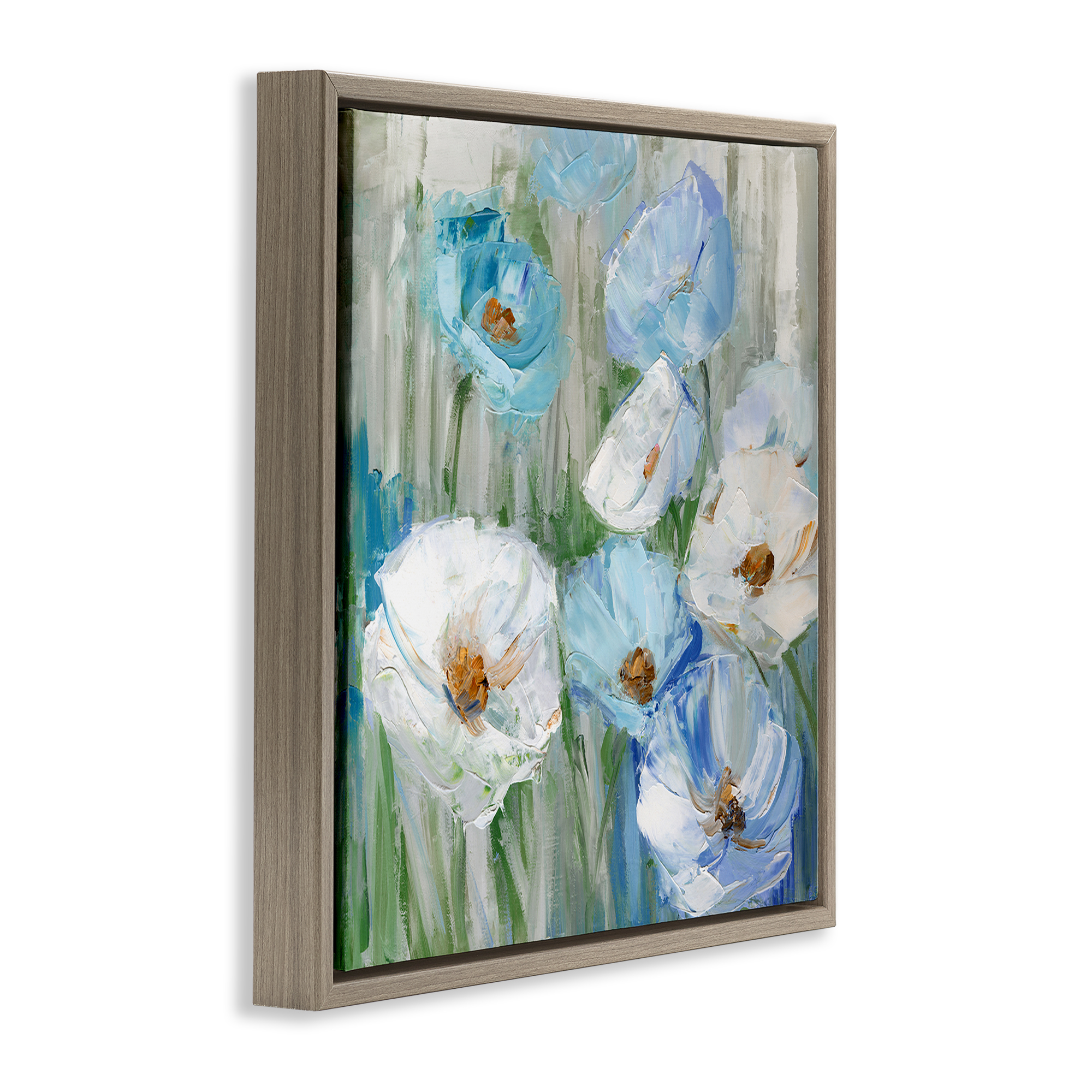 Stupell Industries Blue & White Poppies Plants & Flowers Painting Brown Floater Framed Canvas Art Print Wall Art, 18 x 18