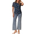 thumbnail image 2 of INSPIRAR CHIC Blusas de Chifón para Mujeres con Mangas Cortas, Con Volantes, Florales, para Trabajo Oficina, Talla L, Azul Oscuro, 2 of 6