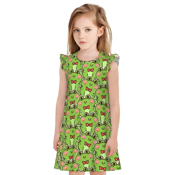 Fotbe Cute Green Frog Vestido de Dormir para Niñas de 3 a 10 Años, Mangas Cortas, Estilo Princesa, Pijama Camisón con Mangas Voladas-Medium