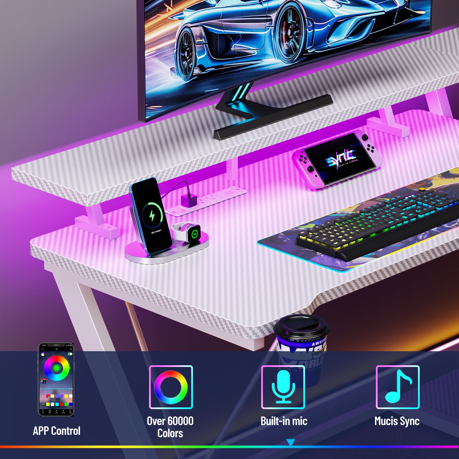 Satifur 47" Pro L-Shaped Gaming Desk White, RGB LED, Power Hub & Monitor Riser for Ultimate Setup