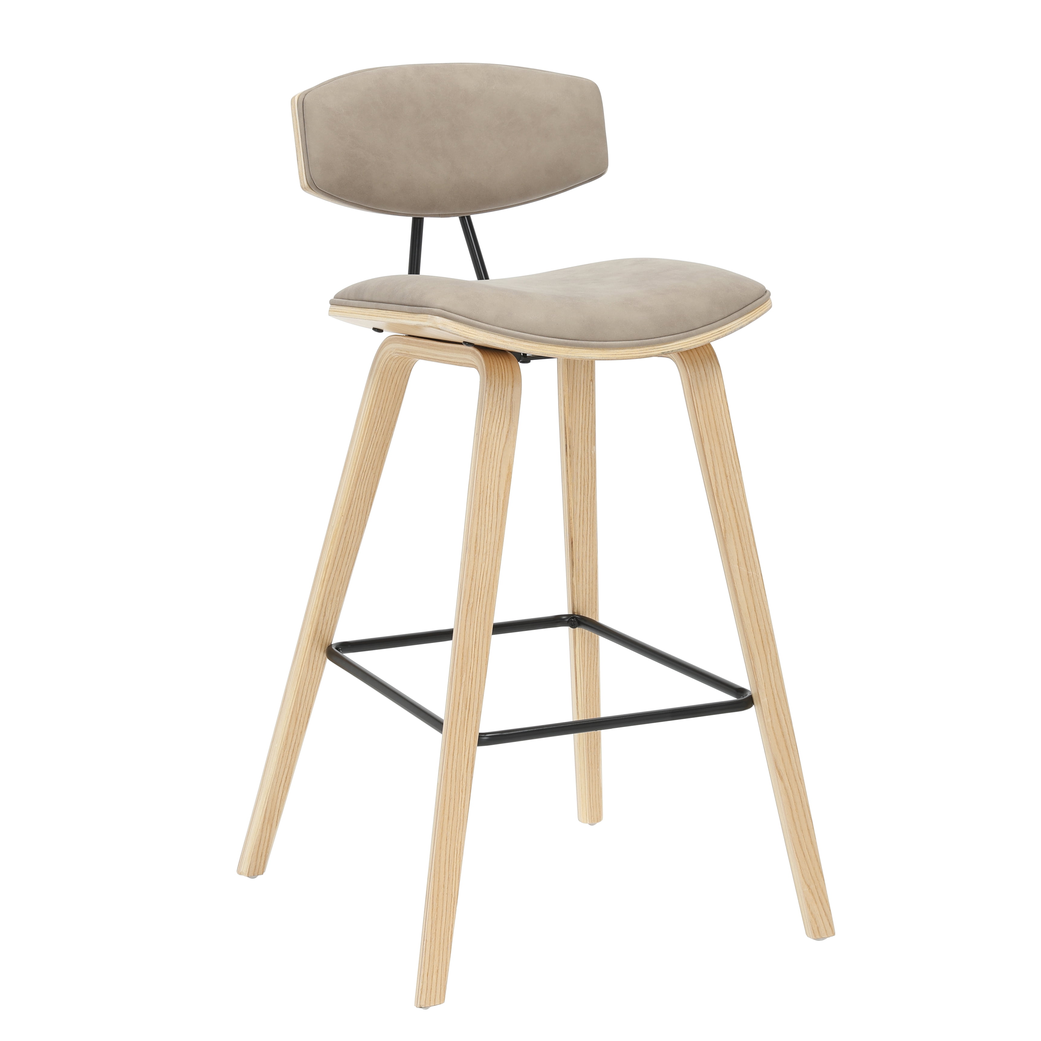 Fox 38 in. H Bar Height Vintage Taupe Curved Back Wood Bar Stool with Faux Leather Seat