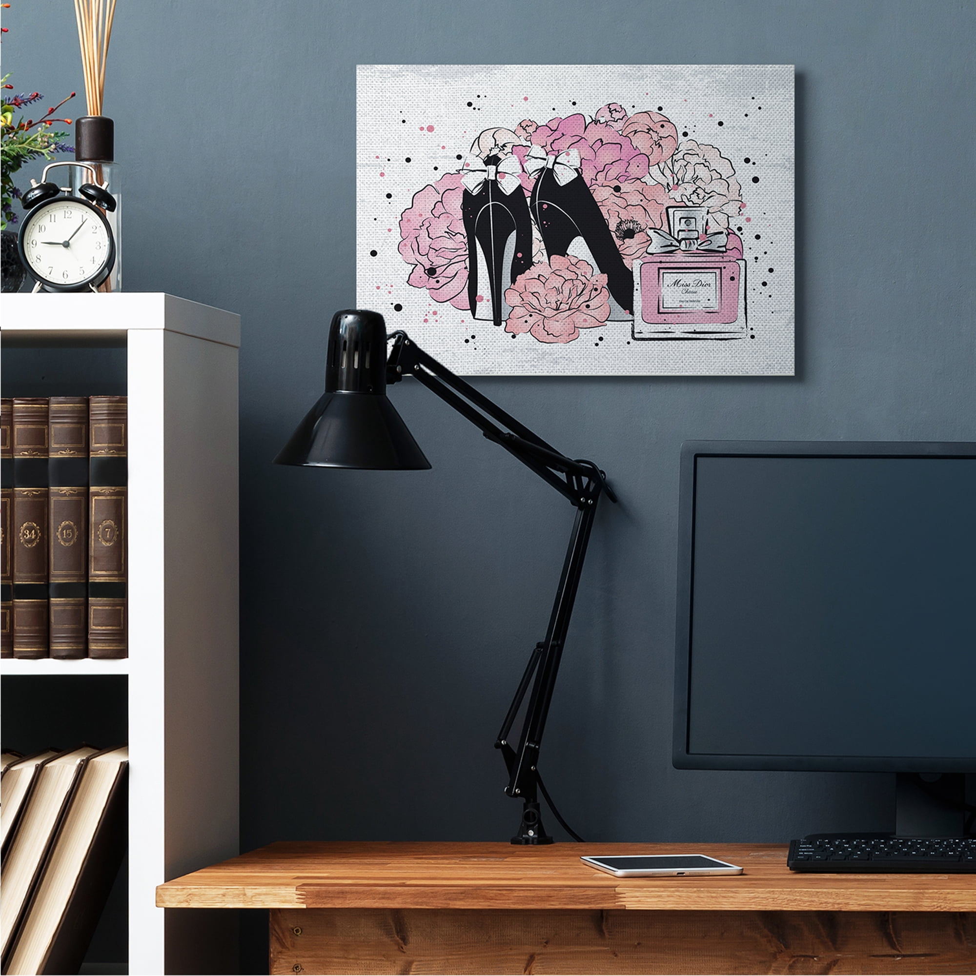 Stupell Industries Glam Pink Peonies Black Fashion Bow Heels Beauty & Fashion Painting Gallery Wrapped Canvas Art Print Wall Art, 24 x 30