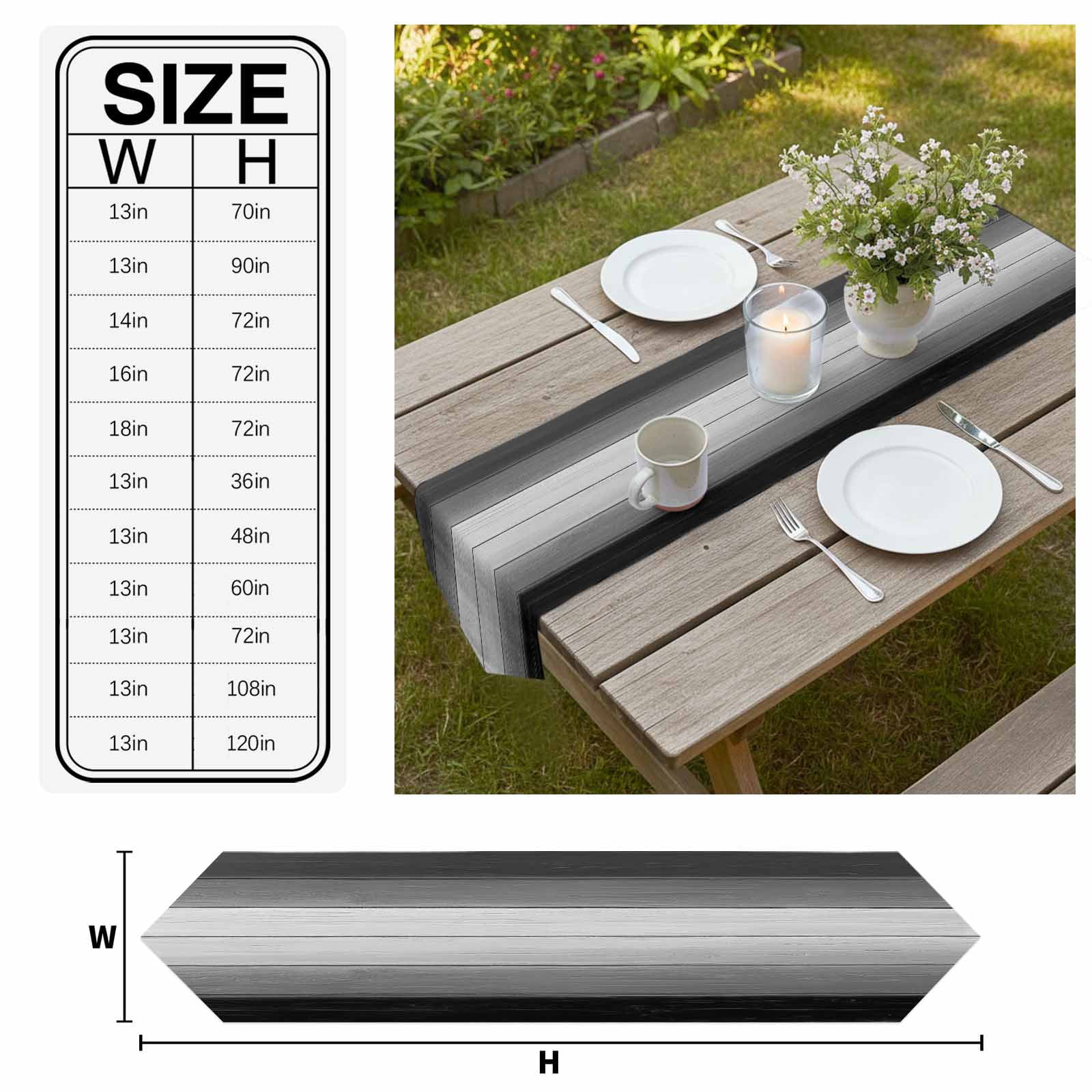 Black Gray Ombre Table Runner Linen Burlap Table Runner 120 Inches Long Vintage Country Wooden Dresser Scarves for Kitchen Island Coffee Dining Room Party Wedding Banquet Holiday Decoration 13"x120"
