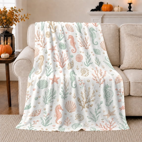 Pastel Seahorses With Shells And Coral Branches, Soft Flannel Blanket with Pastel Coastal Watercolor Print, Housewarming Gift and Home Decor for Bedroom and Living Room