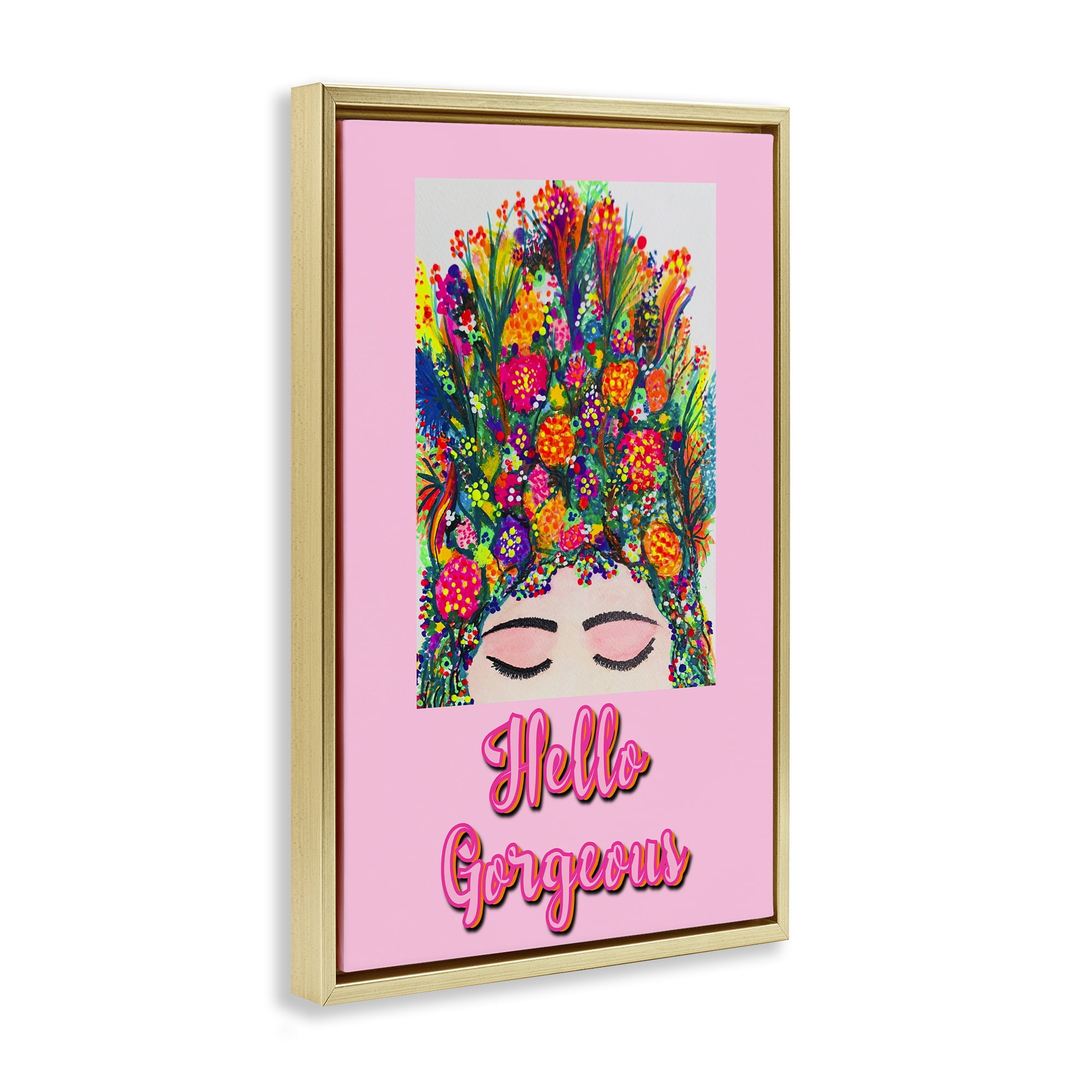 Stupell Industries Hello Gorgeous Floral Woman Gold Framed Floater Canvas Wall Art, design by Pooja Dave