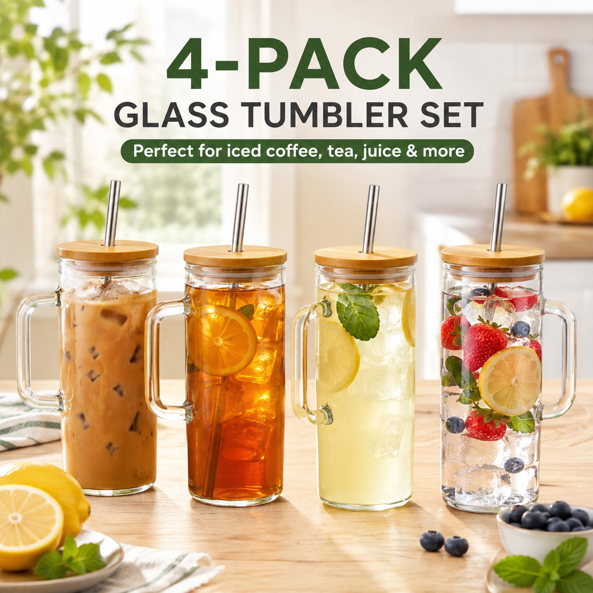 4-Pack Glass Tumblers with Handles, Bamboo Lids, Stainless Steel Straws & Cleaning Brush