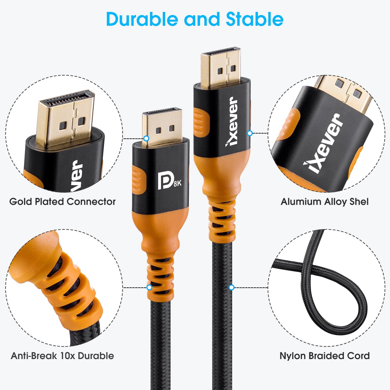 DP DisplayPort Cable Version 1.4, iXever 8K DP 1.4 Cable 16 FT (8K@60Hz, 4K@144Hz, 2K@240Hz) HBR3 Support 32.4Gbps, HDCP 2.2, HDR10 FreeSync G-Sync for Gaming Monitor