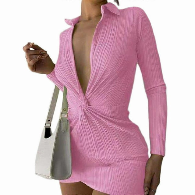 Twist Bodycon Dress Women Shirt Dresses Long Sleeve Pleated Mini Dress Button Down Pleated Dress Deep V Neck Shirt Dress Yellow S