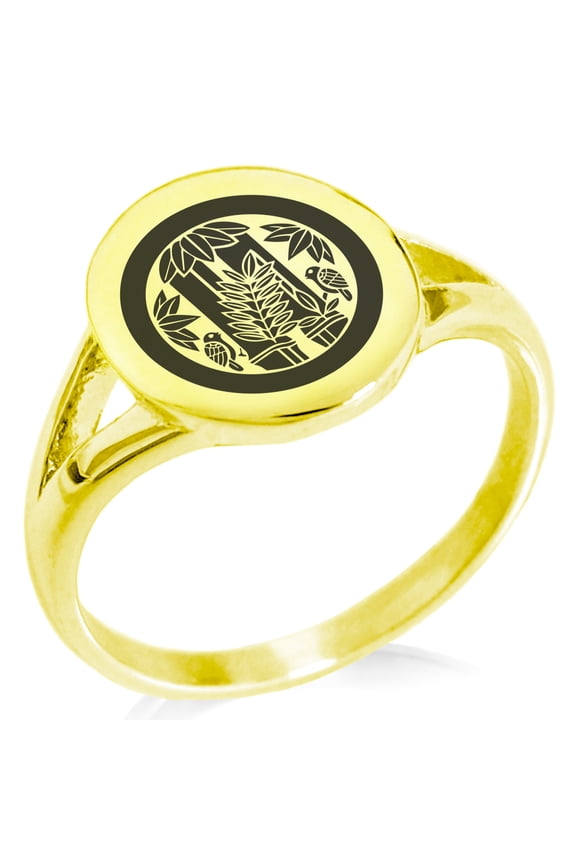 Stainless Steel Torii Samurai Crest Minimalist Oval Top Polished Statement Signet Ring