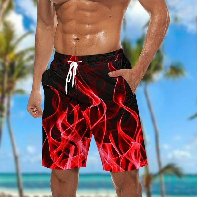 Sentmoon Gym Shorts Men 2025 Summer Lightweight Loose Swim Shorts Flame Print Drawstring Elastic Waist Sweat Shorts with Pockets Trendy Daddy for Runs Workouts Red L