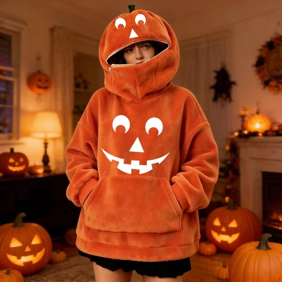 Womens Pumpkin Hoodie Halloween Costume Oversized Plush Sweatshirt Jack O Lantern Face Full Zip Up Hooded Pullover Cozy Fall Long Sleeve Sweater Pocket