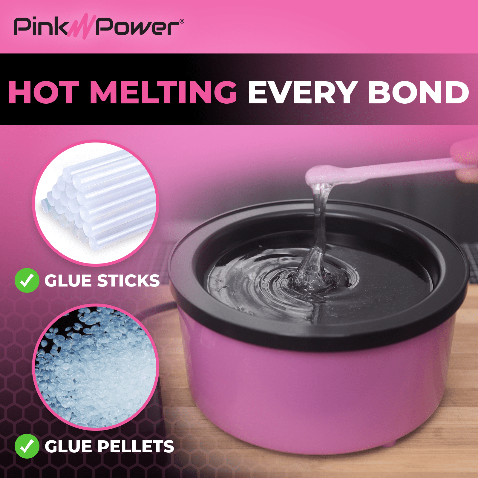 Pink Power Electric Hot Glue Pot for Crafts w/Adjustable Temp 225-400 F - 160ml Hot Glue Skillet for Crafting - Hot Glue Pots for DIY Crafters - Mini Electric Skillet Hot Glue Stick Glue Pellet Pot
