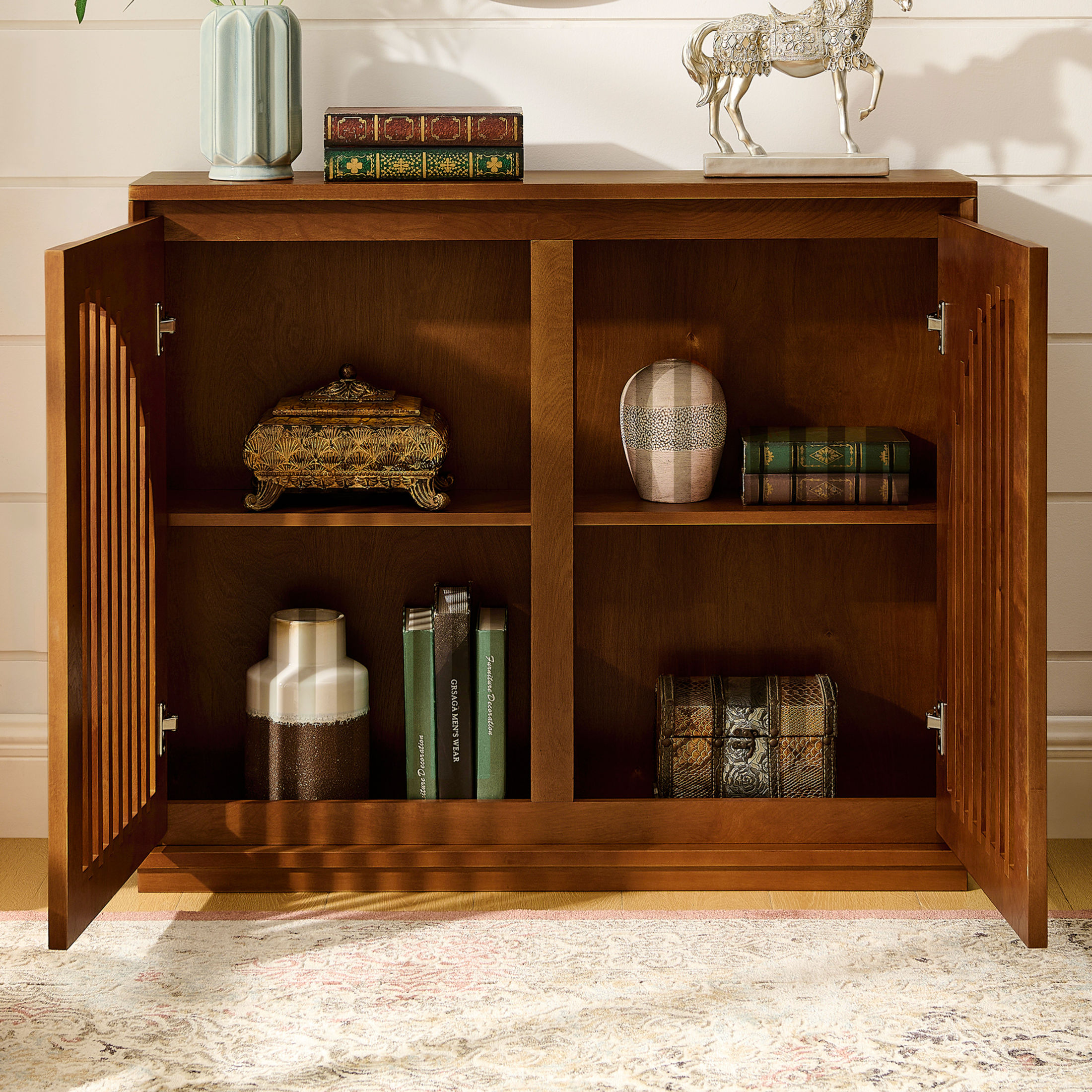 GDF Studio 39" Mid Century Modern Fluted Sideboard Cabinet with 2 Outlet Holes, Walnut