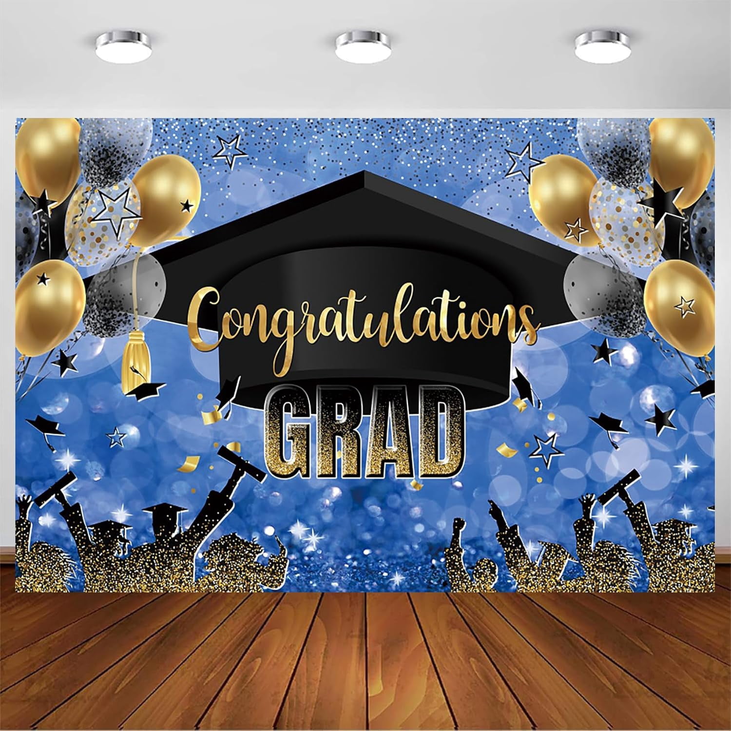 10x8ft Graduation Backdrop Class of 2024 Blue Gold Congratulation Graduates Prom Background Gold Balloons Bachelor Cap Congrats Grad Party Blue Decoration Banner Photo Booth Props