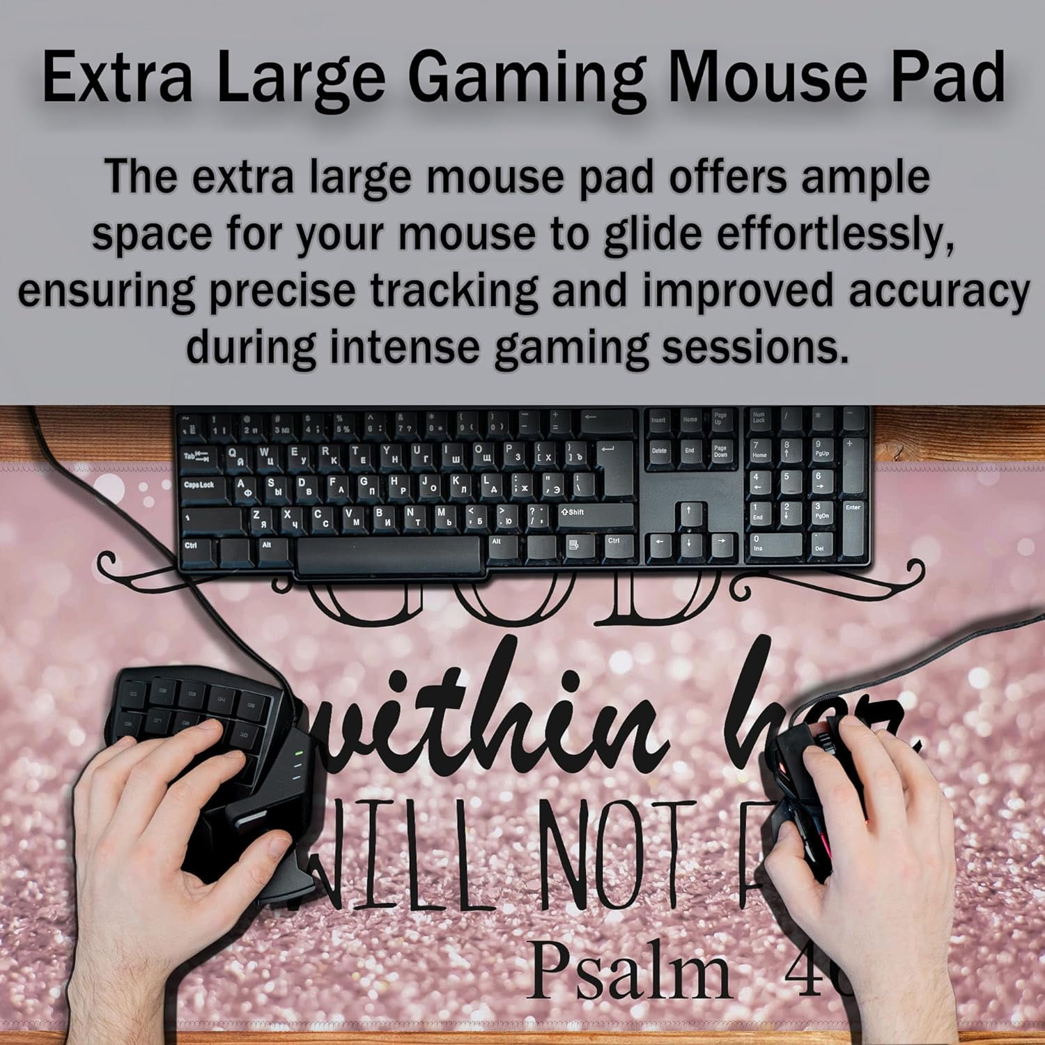 Gaming Mouse Pad Pink Desk Pad, XXL Mouse Pads Desk Decor for Girls Keyboard Pad, Oversized Mouse Pad Non-Slip Rubber Base, 35.4 X 15.7 in for Work/Game/Office She Will Not Fall- Bible Verse